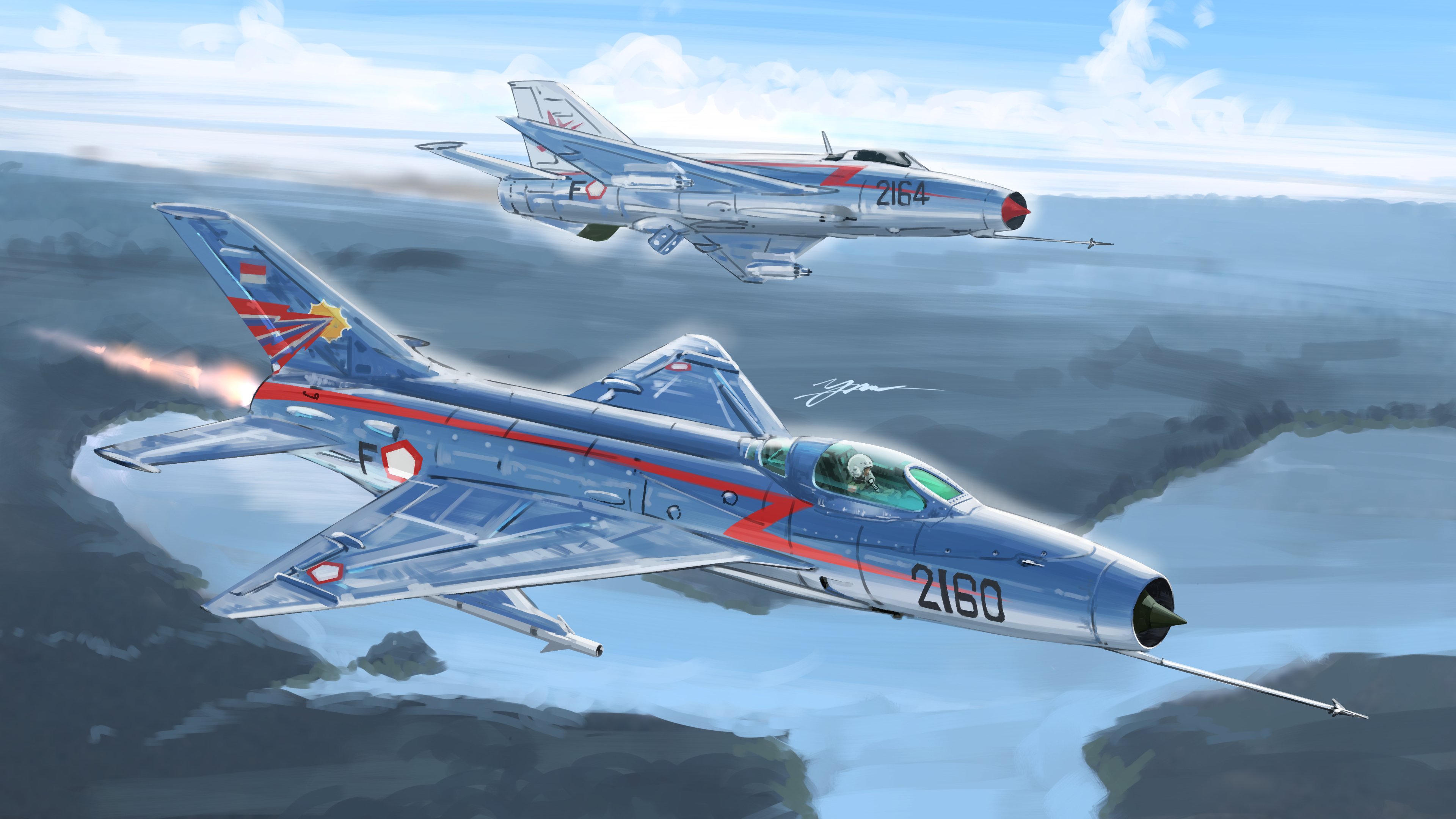 kudryavka trop, mig-21, original, absurdres, commentary request, highres, 1other, afterburner, air-to-air missile, aircraft, airplane, blue sky, canopy (aircraft), cloud, cockpit, day, fighter jet, flight suit, helmet, indonesian air force, indonesian flag, k-13 vympel, military, military vehicle, missile, missile pod, outdoors, oxygen mask, pilot, pilot helmet, roundel, signature, sky, smoke, vehicle focus, water