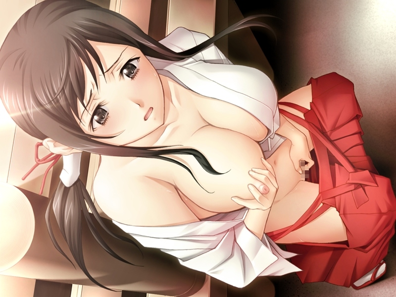kotoshiro misao, ma wo jutai seshi otome no kuetsu, game cg, 1girl, black eyes, black hair, blush, breasts, brown eyes, brown hair, censored, female focus, female masturbation, fingering, from above, grabbing another's breast, grabbing own breast, groping, hair ribbon, hakama, hakama skirt, japanese clothes, large breasts, long hair, looking down, looking up, masturbation, miko, mosaic censoring, navel, nipples, open clothes, ponytail, pussy, red hakama, ribbon, skirt, solo, temple