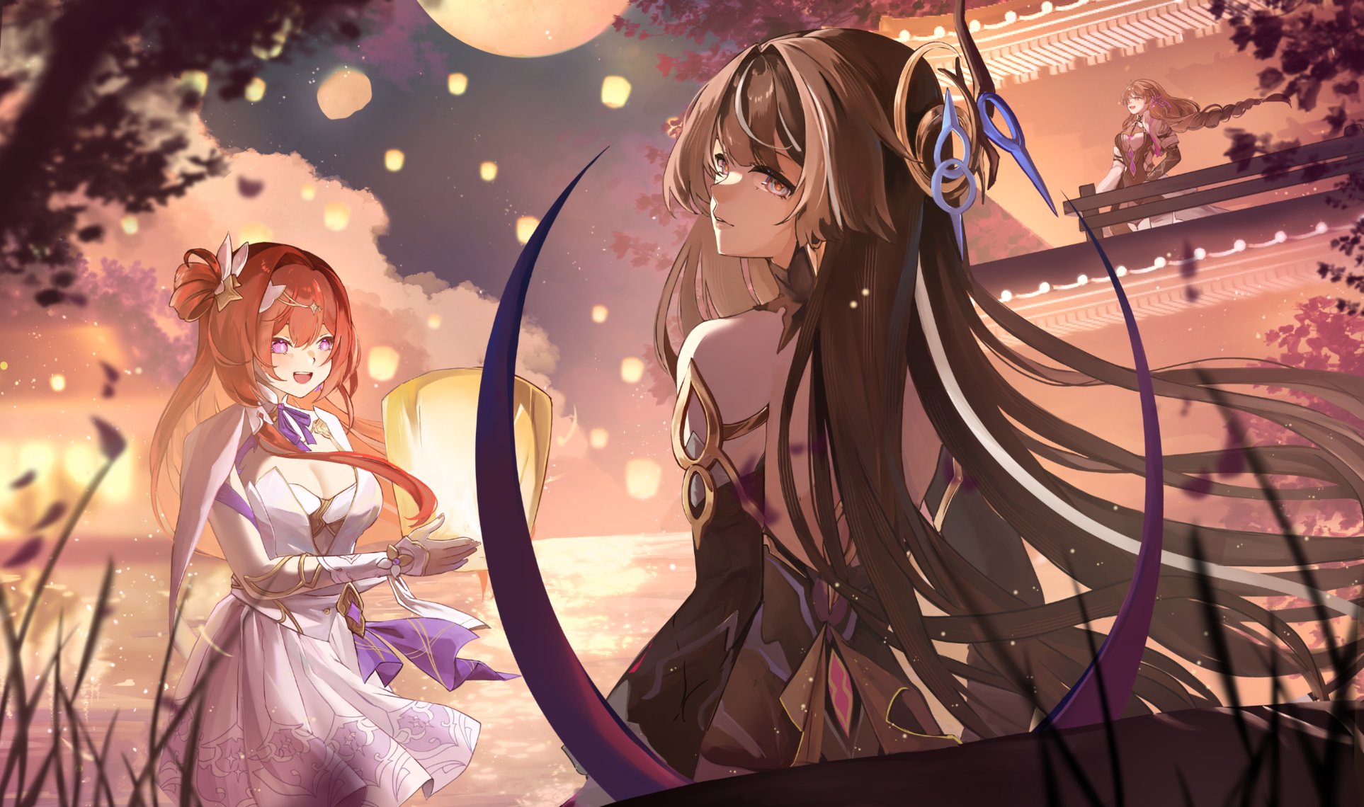 mofumanju, leylah (honkai impact), senadina, honkai (series), honkai impact 3rd, highres, second-party source, 3girls, black dress, breasts, cleavage, detached sleeves, dress, from behind, lantern, long hair, long sleeves, looking at viewer, looking back, multiple girls, open mouth, orange hair, outdoors, parted lips, purple eyes, smile, white dress