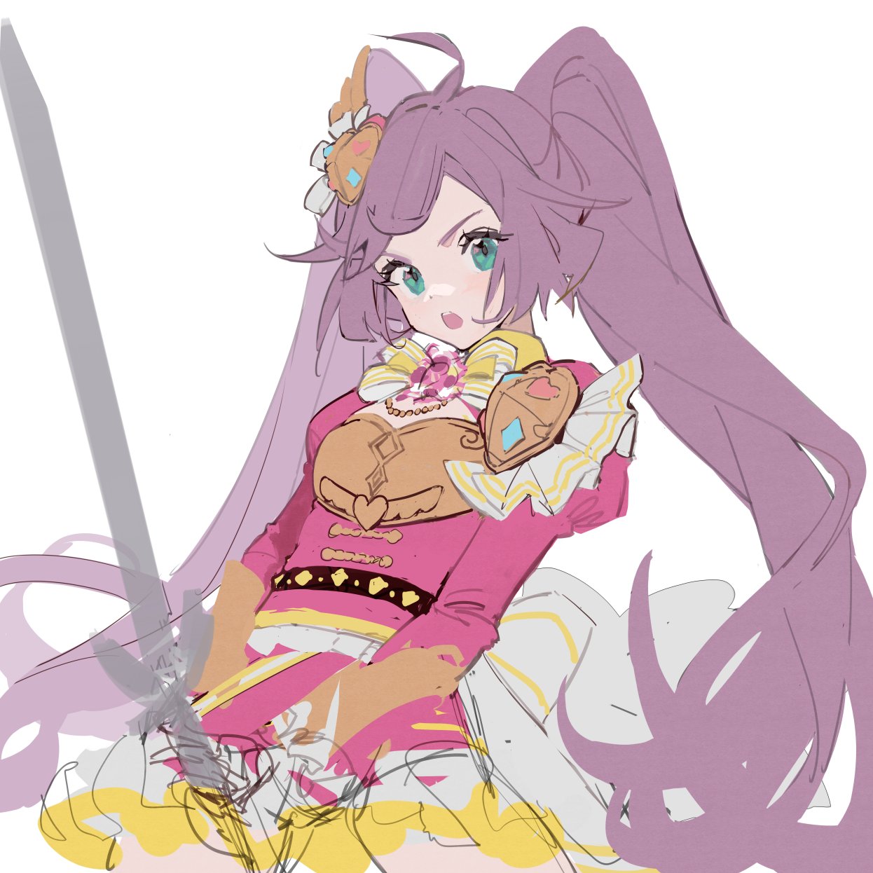 xiao chichi, manaka laala, pretty series, pripara, highres, 1girl, holding, holding sword, holding weapon, jewelry, necklace, open mouth, pink shirt, shirt, sword, twintails, weapon, white background