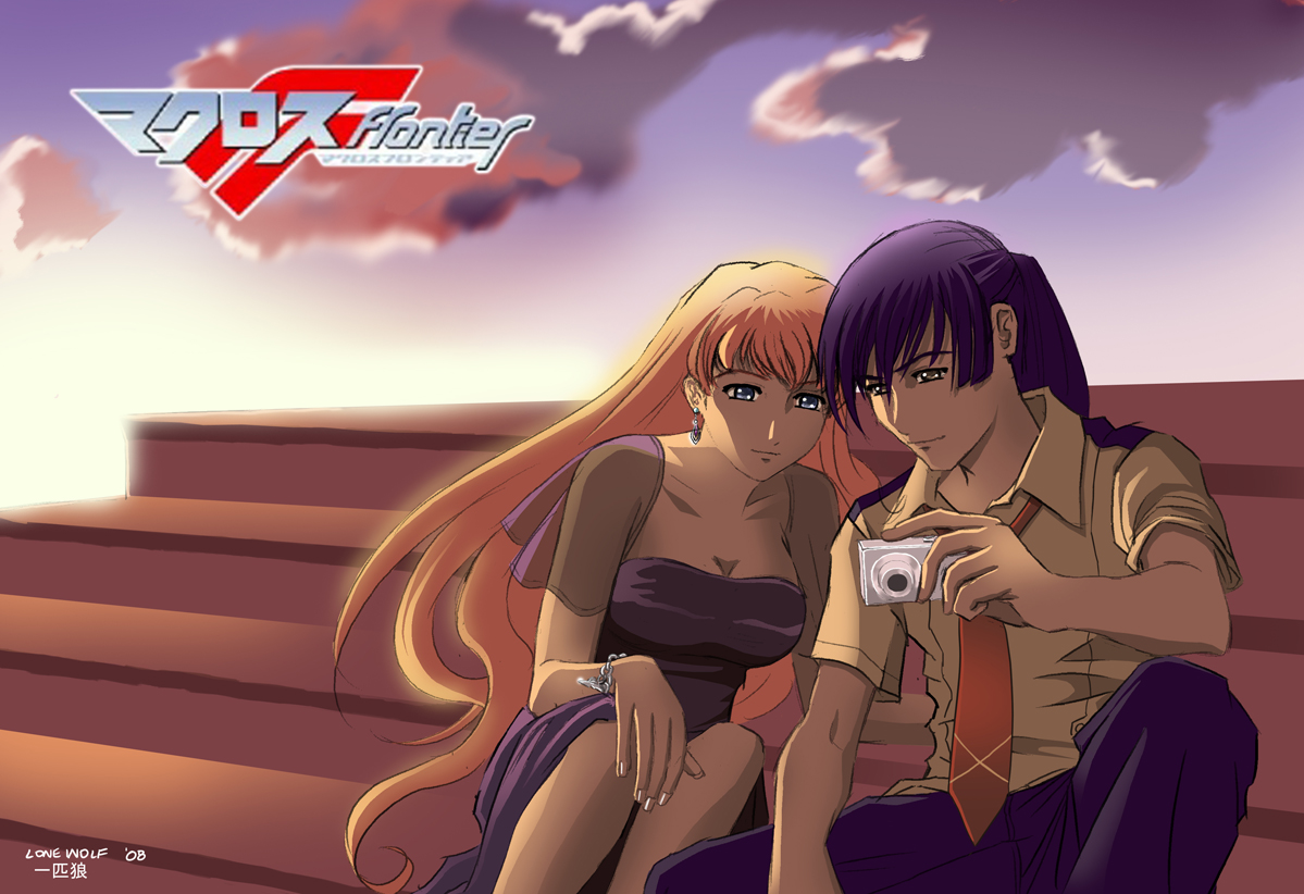lone wolf, saotome alto, sheryl nome, macross, macross frontier, 00s, 1boy, 1girl, blue eyes, breasts, earrings, jewelry, outdoors, pink hair, school uniform, sky