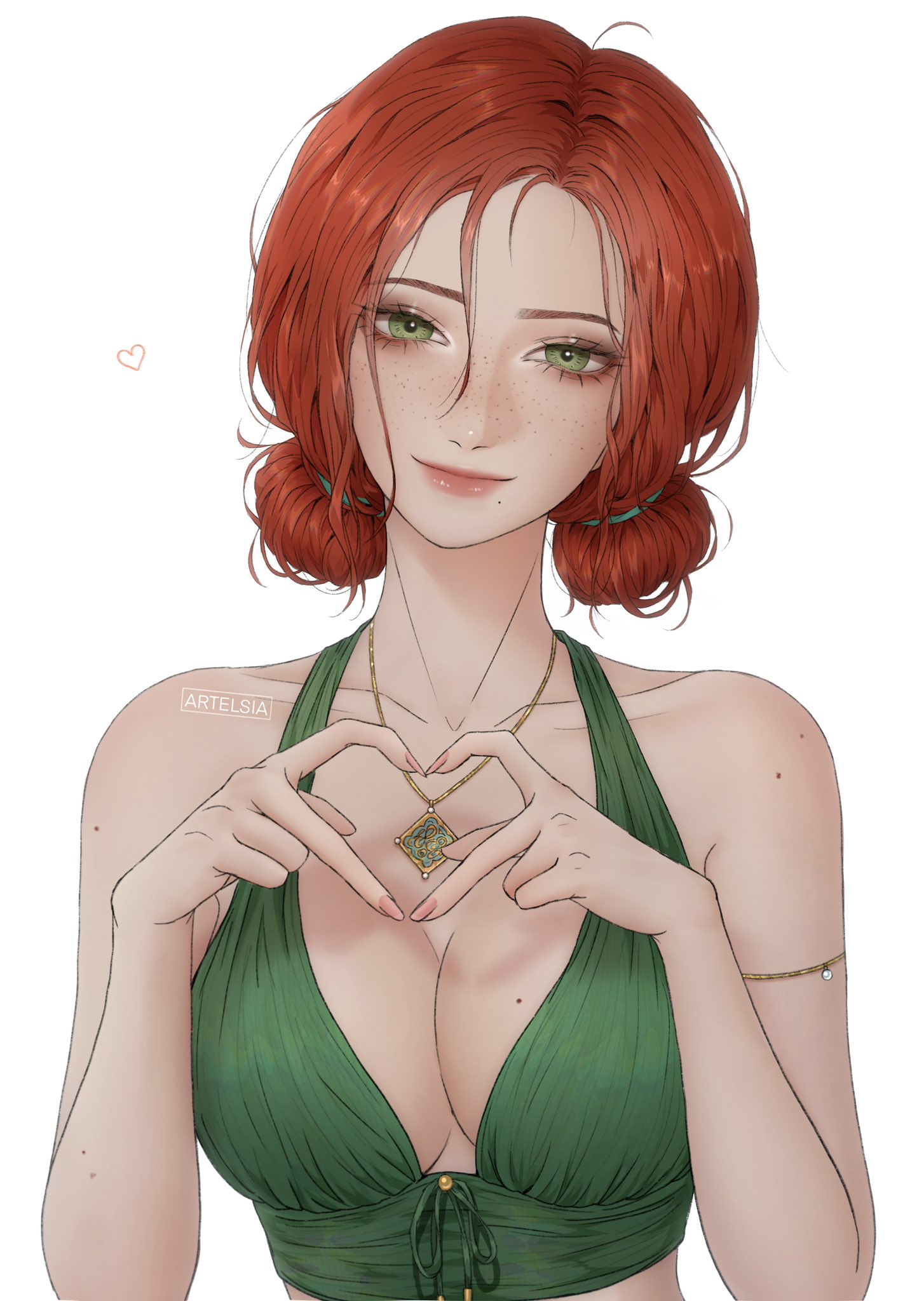 artelsia, triss merigold, the witcher (series), gold armlet, commentary, english commentary, highres, 1girl, armlet, artist name, bare shoulders, breasts, cleavage, collarbone, double bun, fingernails, four-finger heart hands, freckles, green eyes, green ribbon, green tank top, hair between eyes, hair bun, halterneck, hands up, heart, heart hands, jewelry, large breasts, lips, long fingernails, long hair, looking at viewer, mole, mole on breast, mole on shoulder, mole under mouth, necklace, no bra, nose, parted bangs, red hair, ribbon, sidelocks, simple background, single bare arm, sleeveless, smile, solo, tank top, upper body, white background