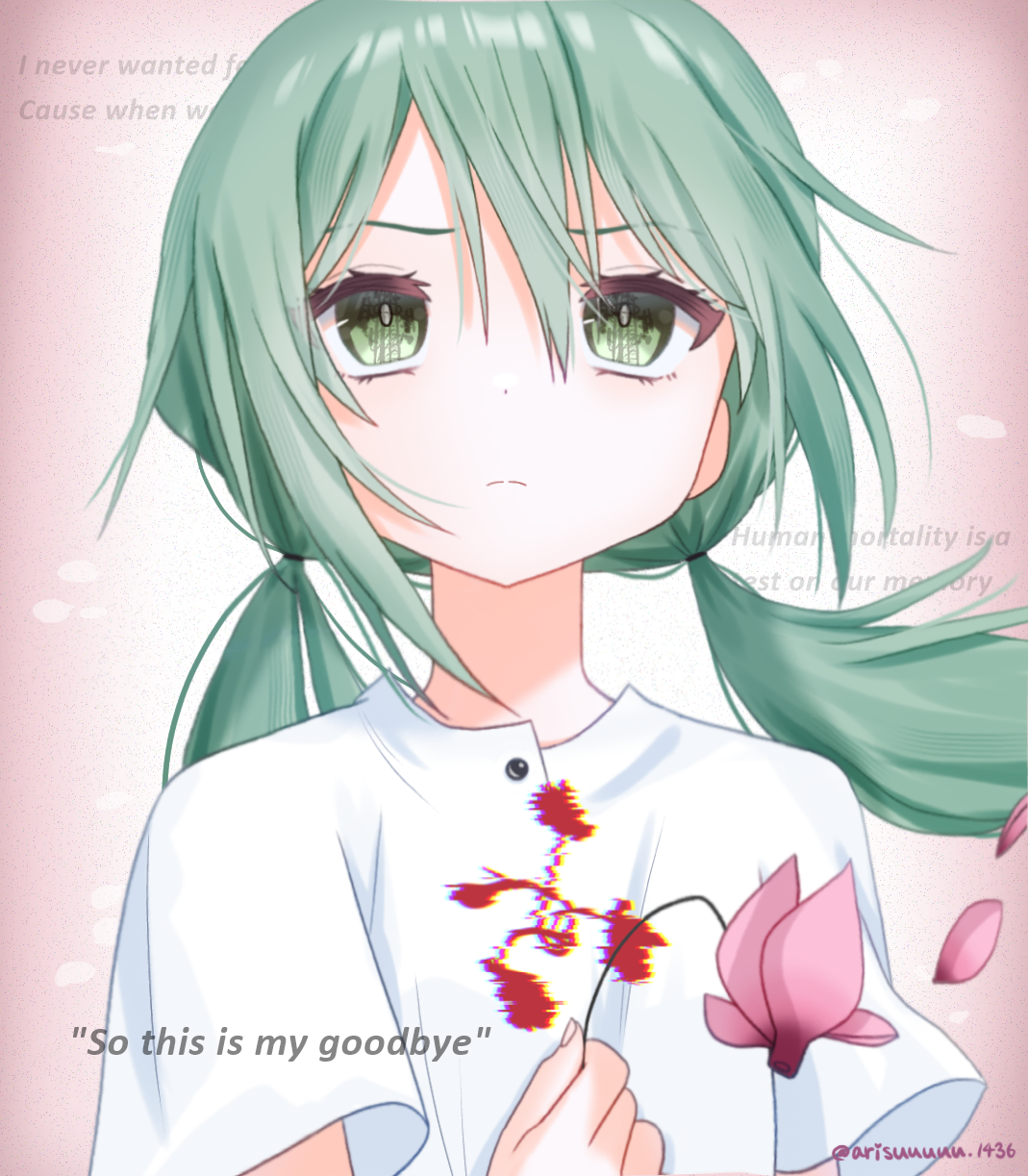 arisuuuuu.1436, hatsune miku, vocaloid, highres, 1girl, cyclamen, english text, flower, glitch, goodbye, goodbye (vocaloid), green eyes, green hair, holding, holding flower, low twintails, reflection, simple background, solo, straight-on, twintails, upper body