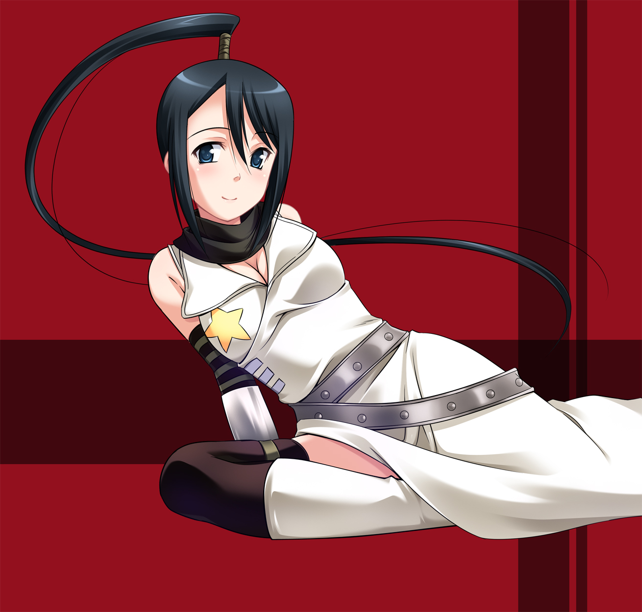 natsukon, nakatsukasa tsubaki, soul eater, highres, 00s, 1girl, black hair, blue eyes, breasts, cleavage, female focus, long hair, medium breasts, ponytail, solo, thighhighs