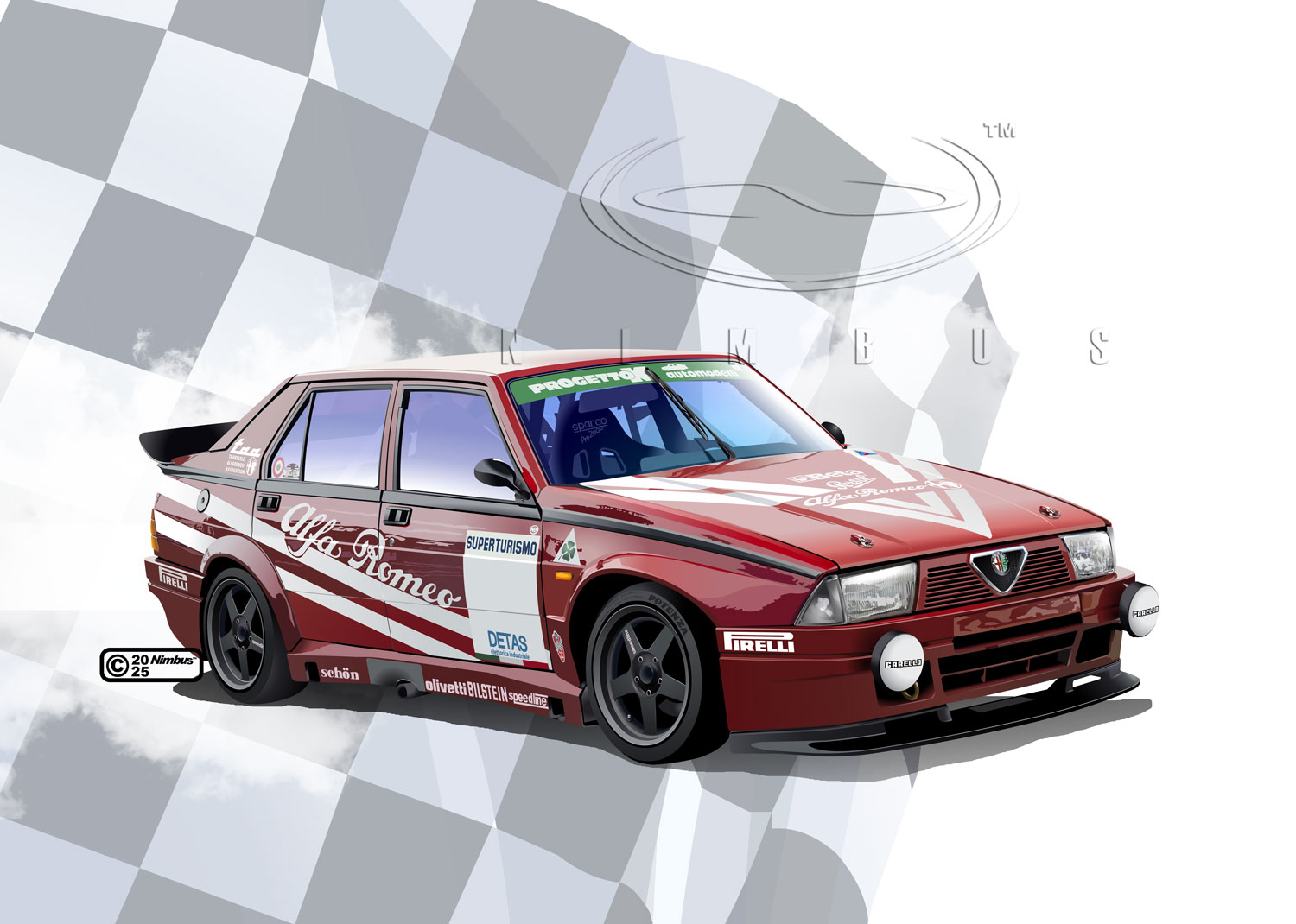 nimbus goldbrum, alfa romeo, original, pirelli, commentary request, 2025, alfa romeo 75, artist name, car, checkered flag, copyright notice, dated, decal, deutsche tourenwagen masters, exhaust pipe, flag, logo, motor vehicle, no humans, product placement, race vehicle, racecar, red car, simple background, sparco, sponsor, vehicle focus, watermark, white background