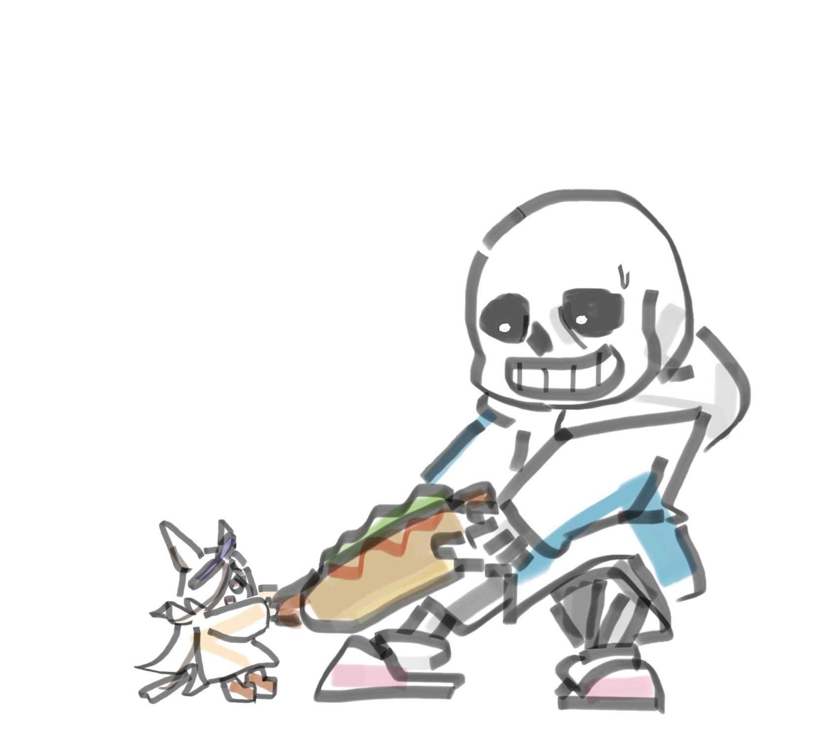 rice shower (umamusume), sans (undertale), deltarune, umamusume, undertale, utdr (toby fox), highres, 1girl, animal ears, black sclera, blue jacket, bone, brown hair, colored sclera, flipped hair, gineno91, grey hood, hair over one eye, hollow eyes, horse ears, horse girl, horse tail, hot dog, jacket, long hair, open mouth, pink slippers, purple eyes, skeleton, slippers, smile, tail