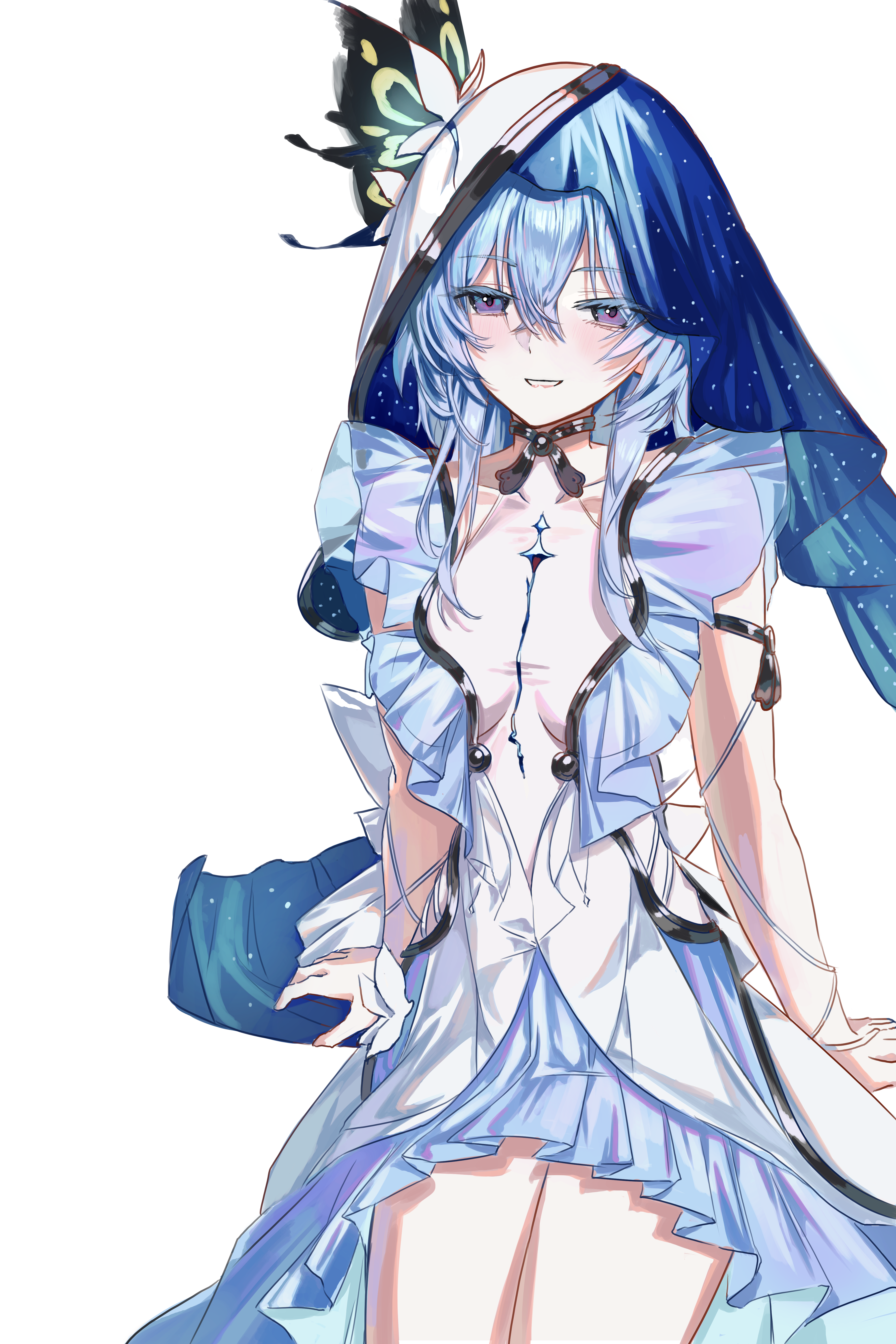 ehdghks500, shorekeeper (wuthering waves), wuthering waves, absurdres, commentary, highres, 1girl, armlet, blue dress, blue hair, blue veil, breasts, colored eyelashes, dress, feet out of frame, hair between eyes, jewelry, long hair, medium breasts, parted lips, purple eyes, simple background, sleeveless, sleeveless dress, smile, solo, two-tone veil, veil, white background, white veil