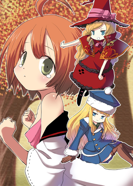 doctor magus, doctor magus 4, gunner (sekaiju), gunner 2 (sekaiju), medic (sekaiju), medic 2 (sekaiju), atlus, etrian odyssey, 3girls, autumn leaves, beret, blonde hair, blue dress, bow, brown hair, dress, green eyes, hat, leaf, looking at viewer, multiple girls, pink bow, plant, pom pom (clothes), puffy short sleeves, puffy sleeves, red dress, short hair, short sleeves, tree, witch hat