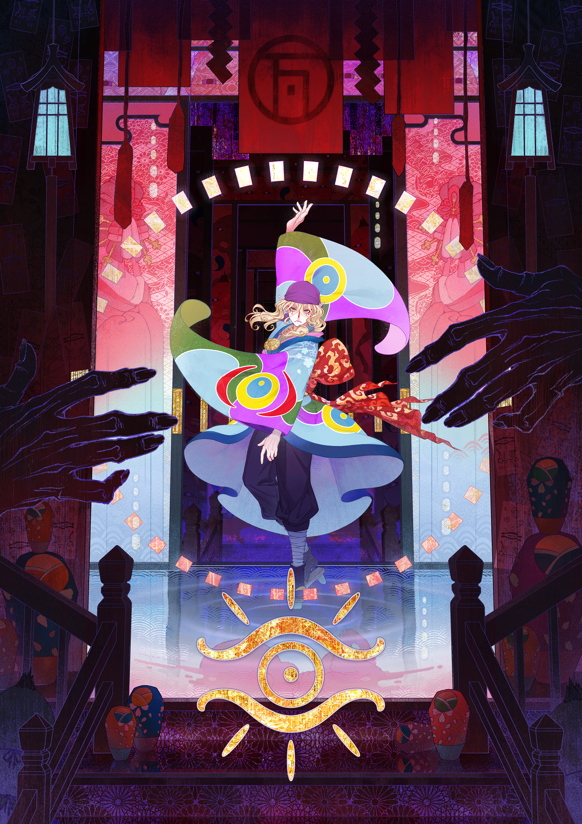 kusuriuri (mononoke), mononoke, absurdres, commentary request, highres, redrawn, 1boy, arm up, back bow, bandana, bath, bead necklace, beads, black socks, blonde hair, blue eyes, blue kimono, bow, bright pupils, closed mouth, colored smoke, doll, doorway, eye symbol, eyeshadow, facepaint, floating, floating hair, full body, geta, green kimono, grey pants, indoors, japanese clothes, jewelry, kimono, lantern, leg wrap, long hair, long sidelocks, long sleeves, looking at viewer, low-tied sidelocks, makeup, multicolored kimono, mural, necklace, noren, ofuda, out of frame, pants, pants tucked in, pointy ears, print kimono, purple bandana, purple kimono, railing, red bow, red eyeshadow, rice-fanfan, ripples, sidelocks, smoke, socks, solo focus, stairs, tabi, thick eyebrows, water, white pupils, wooden railing, wrinkled skin, zashiki-warashi (mononoke)