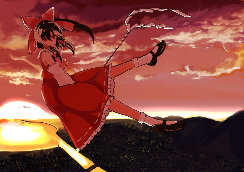 shiromiso, hakurei reimu, touhou, 1girl, ascot, bare shoulders, between thighs, black hair, black shoes, bow, bridge, cityscape, cloud, detached sleeves, evening, female focus, floating, flying, frilled skirt, frills, gohei, hair bow, horizon, japanese clothes, mary janes, miko, mountain, ocean, outdoors, ponytail, red eyes, red shirt, red skirt, red sky, red theme, ribbon, ribbon-trimmed sleeves, ribbon trim, river, scenery, shirt, shoes, short hair, silhouette, skirt, sky, sleeveless, sleeveless shirt, smile, socks, solo, sun, sunset, water, white socks, wind