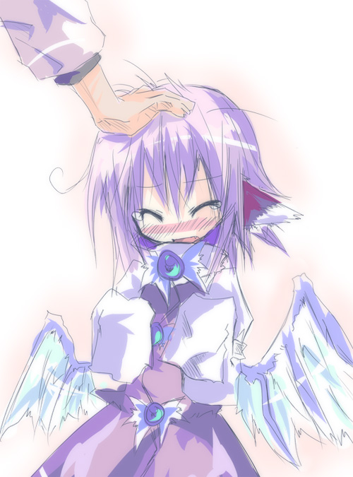 kuroneko no toorimichi, mystia lorelei, touhou, 1girl, blush, closed eyes, fang, female focus, head pat, headpat, long sleeves, messy hair, no headwear, no nose, purple hair, short hair, solo focus, tears, wings