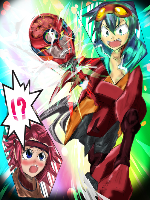 guren (code geass), guren mk-ii, kouzuki kallen, lagann, simon (ttgl), code geass, tengen toppa gurren lagann, !, !?, 00s, ?, blush, crossover, gattai, mecha, pun, robot