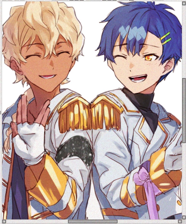 risyo, asanaka yomogi, sizumu, gridman universe, gridman universe (movie), ssss.dynazenon, 2boys, blonde hair, blue hair, braid, closed eyes, dark-skinned male, dark skin, epaulettes, fake screenshot, gloves, hair ornament, hairclip, jacket, long hair, long sleeves, multiple boys, official alternate costume, one eye closed, open clothes, open mouth, shirt, short hair, smile, upper body, white gloves, yellow eyes