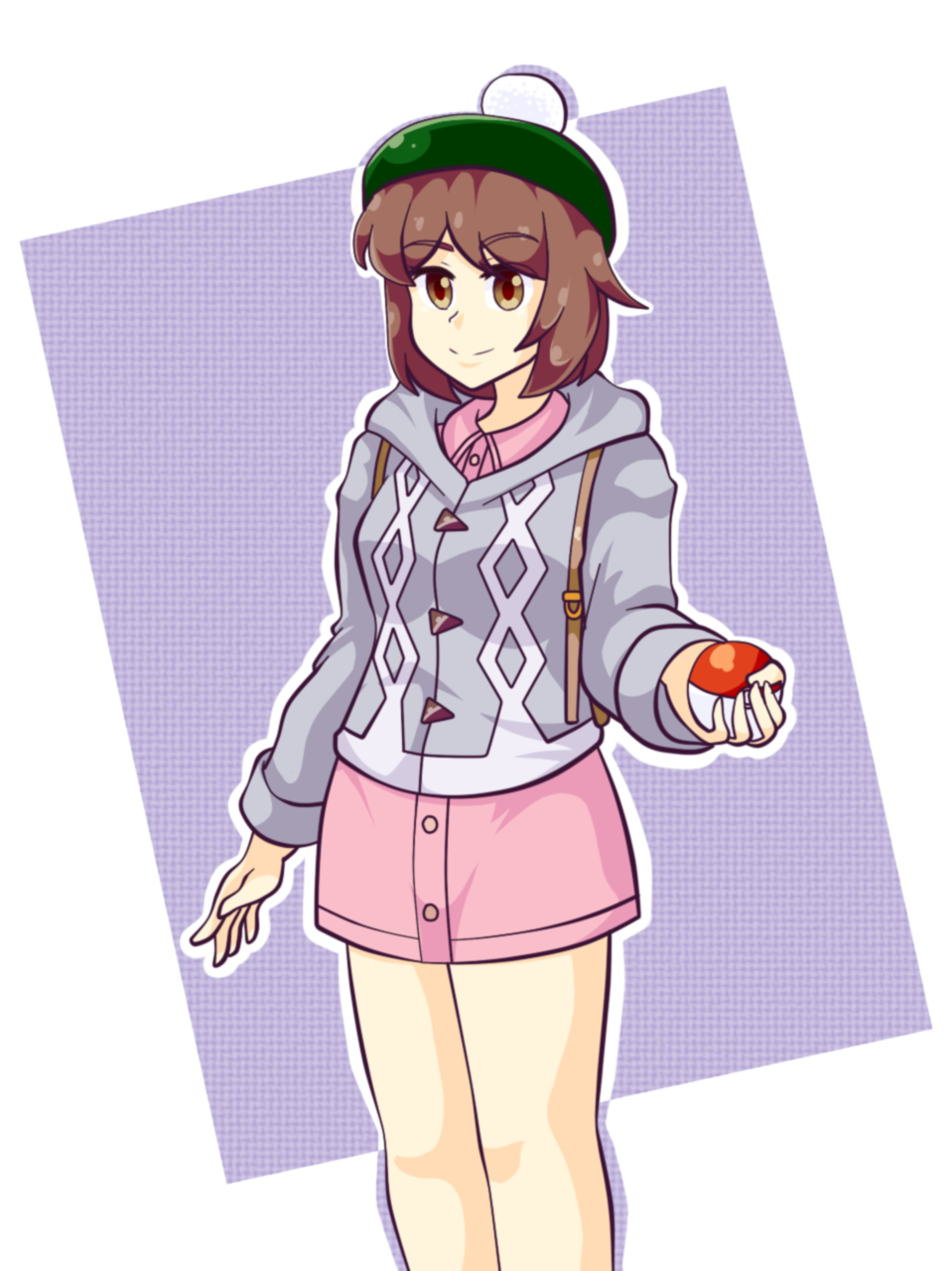 neferkitty, gloria (pokemon), nintendo, pokemon, pokemon swsh, highres, 1girl, bob cut, brown bag, brown eyes, brown hair, cable knit, cardigan, closed mouth, dress, green hat, grey cardigan, hat, holding, hood, hooded cardigan, jacket, long sleeves, looking at viewer, pink dress, poke ball, shirt, short hair, smile