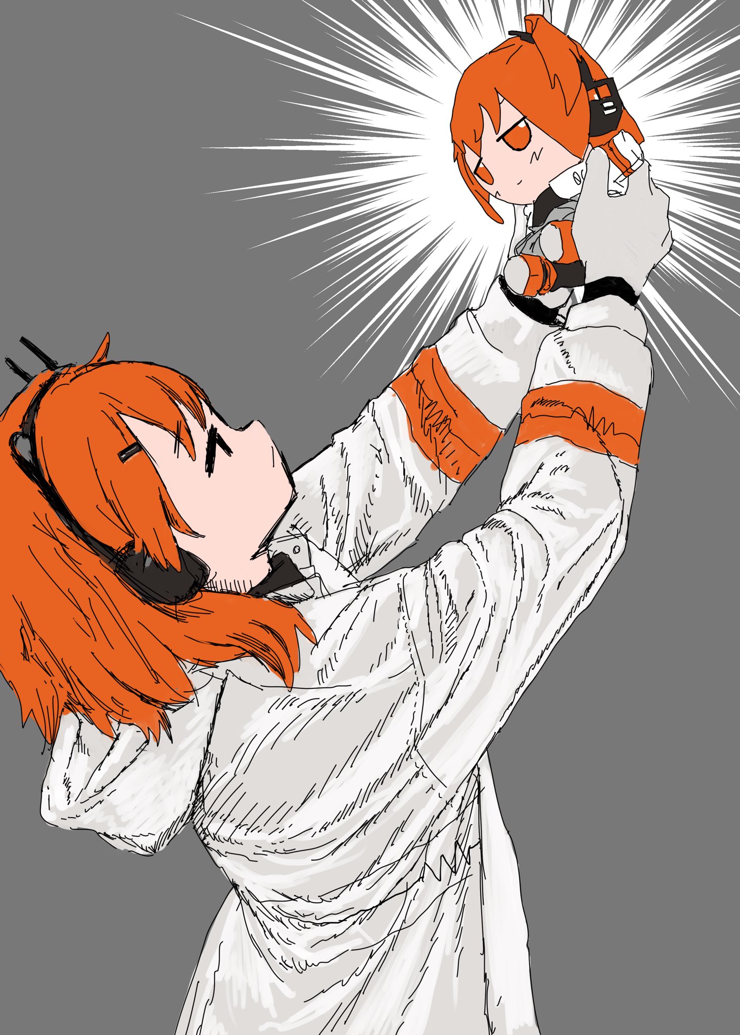 kamefuku, adachi rei, a.i. voice, utau, hashtag-only commentary, highres, arms up, black eyes, character doll, closed mouth, doll, from side, fumo (doll), gloves, headlamp, headphones, holding, hood, hood down, hooded jacket, jacket, long sleeves, orange hair, profile, simple background, stuffed toy, white gloves, white jacket