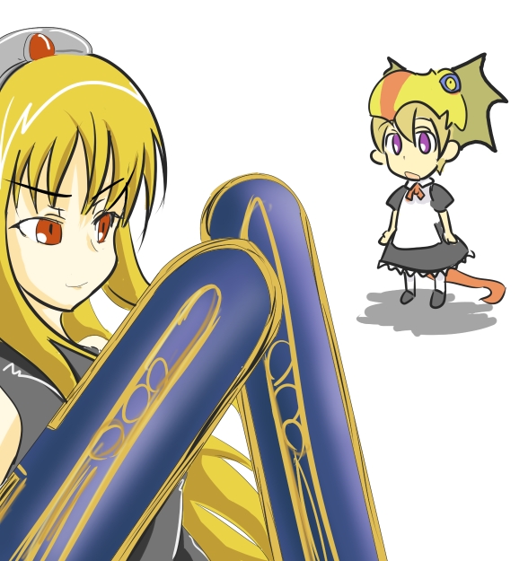 momio, flandre (kaibutsu oujo), hime (kaibutsu oujo), capcom, kaibutsu oujo, monster hunter (series), 2girls, blonde hair, female focus, maid, multiple girls, parody, shoes, simple background, standing, white background