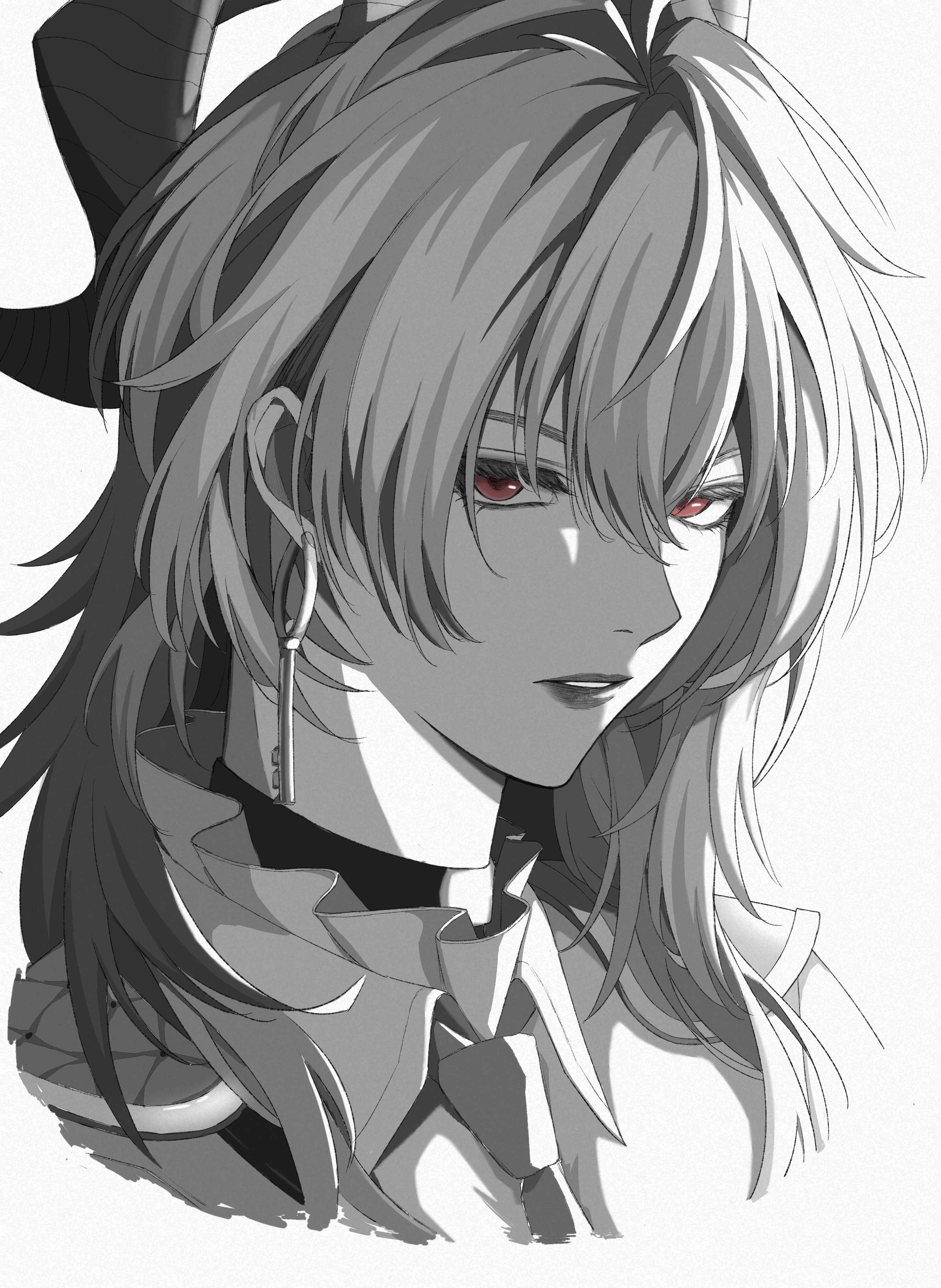 taka hashio, zani (wuthering waves), wuthering waves, absurdres, commentary, highres, 1girl, choker, collared shirt, cropped shoulders, curled horns, earrings, greyscale, hair between eyes, horns, jewelry, key earrings, looking at viewer, medium hair, monochrome, necktie, parted lips, red eyes, shirt, simple background, solo, spot color, white background