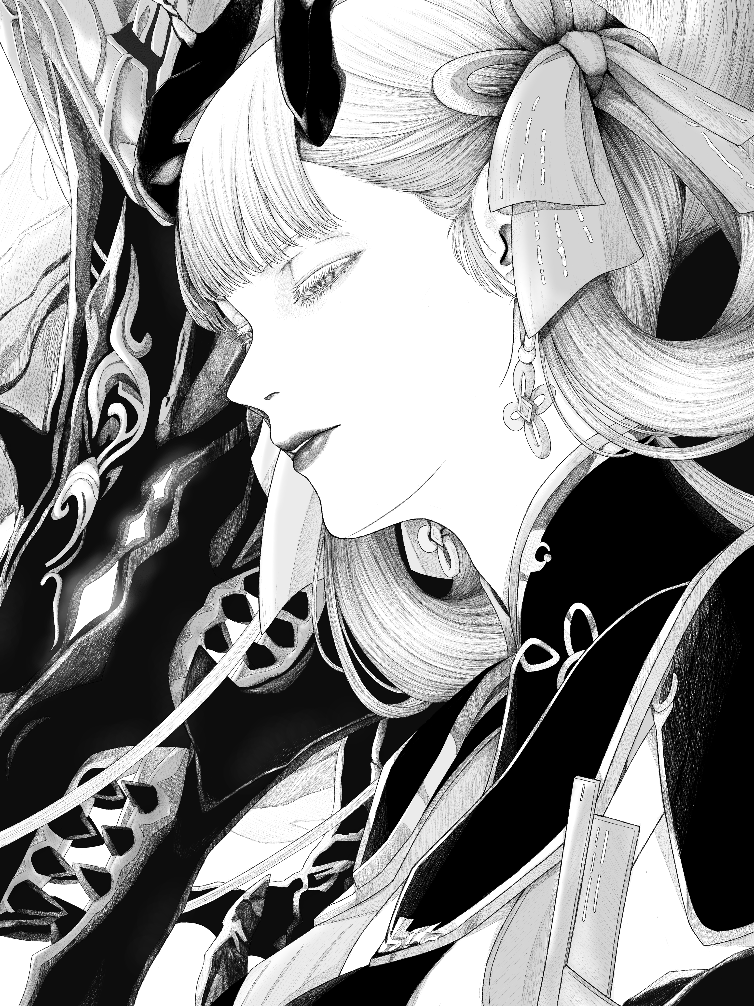 taka hashio, jinhsi (wuthering waves), jue (wuthering waves), wuthering waves, absurdres, commentary, highres, revision, 1girl, bow, collar, dragon, earrings, eastern dragon, eastern dragon horns, film grain, from side, greyscale, hair bow, half-closed eyes, jewelry, looking ahead, monochrome, parted lips, portrait
