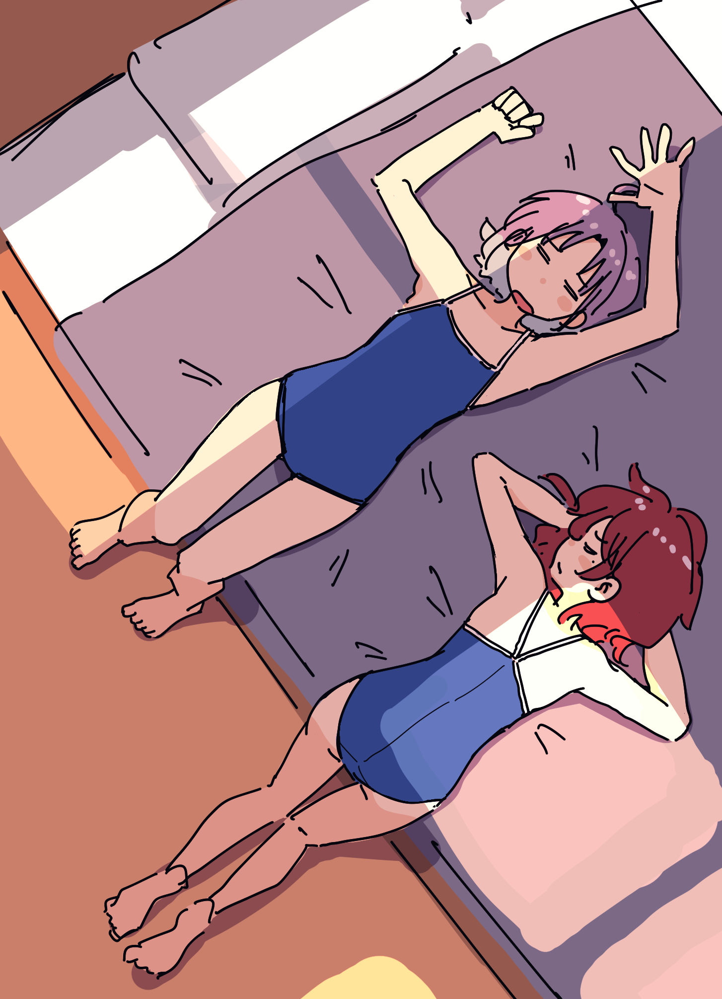 pix3dayo, asakura toru, higuchi madoka, idolmaster, idolmaster shiny colors, commentary, highres, 2girls, = =, ass, bare legs, barefoot, blue one-piece swimsuit, brown hair, closed eyes, collarbone, indoors, kneeling, kneepits, lying, mole, mole under eye, multiple girls, on bed, one-piece swimsuit, purple hair, school swimsuit, short hair, soles, swimsuit, toes