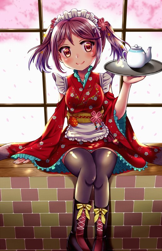 izumi shara, sazanami (kancolle), kantai collection, 1girl, alternate costume, blush, day, flower, hair bobbles, hair flower, hair ornament, japanese clothes, kimono, maid, pantyhose, pink eyes, pink hair, red kimono, short hair, sitting, smile, teapot, tray, twintails, wa maid, waitress, window