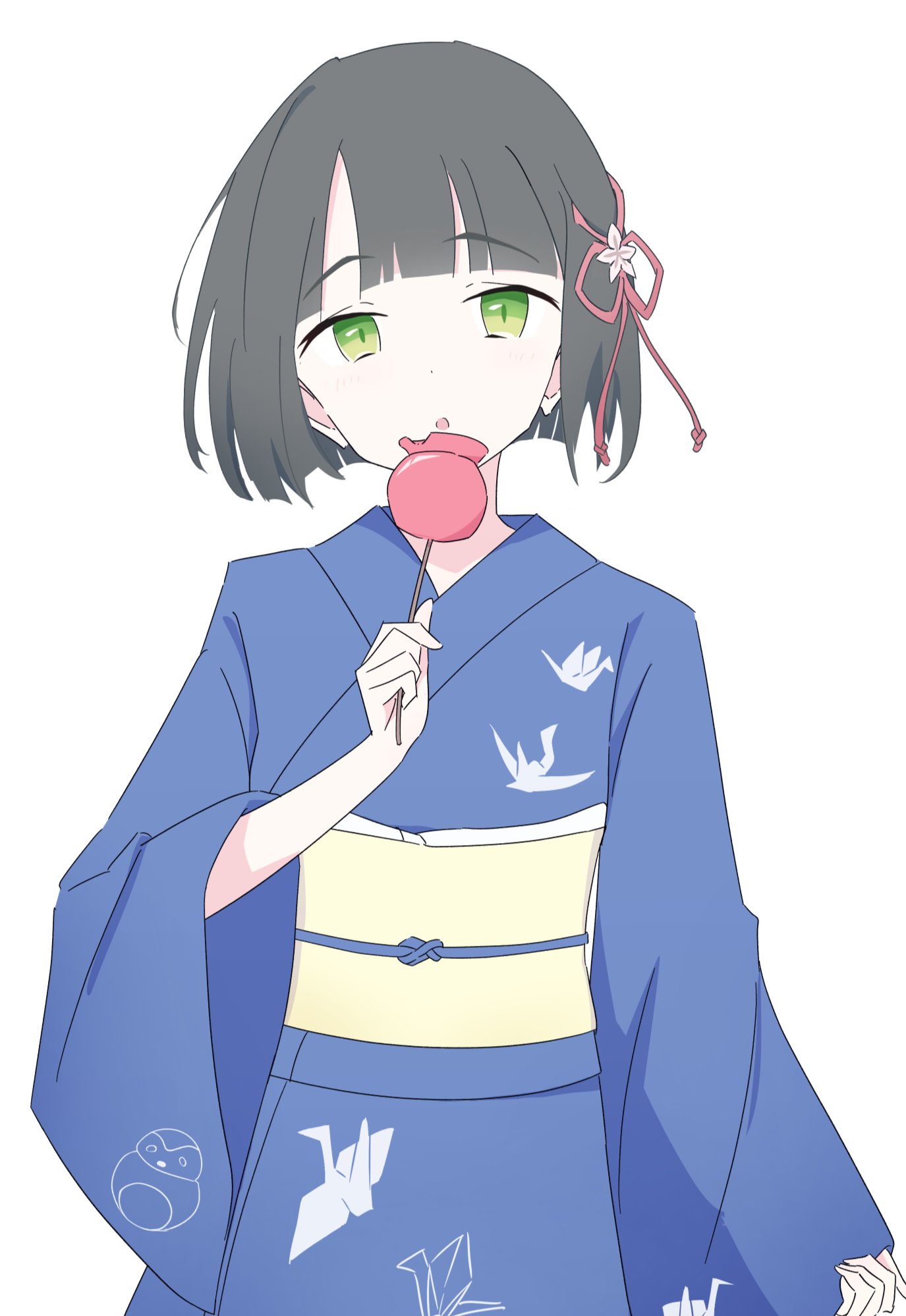 junnatsu, momose ginko, momose ginko (hokkoku hanabi), link! like! love live!, love live!, highres, 1girl, black hair, blue kimono, blunt bangs, bob cut, candy apple, cowboy shot, flower, flower knot, food, green eyes, hair flower, hair ornament, holding, holding candy apple, holding food, japanese clothes, kimono, obi, obiage, obijime, parted lips, sash, short hair, solo, tsuru (love live!), virtual youtuber, white flower, yellow sash, yukata