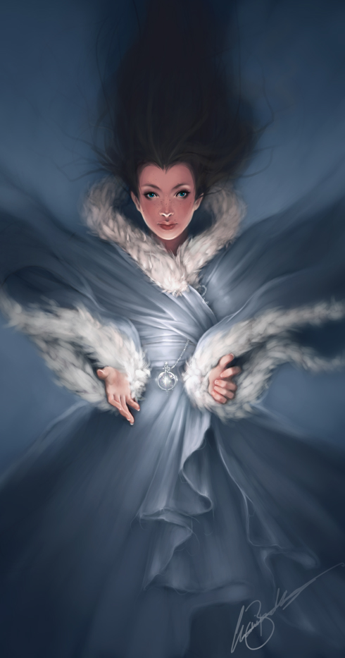 charlie bowater, katara, avatar: the last airbender, avatar legends, 1girl, black hair, female focus, long hair, looking at viewer, signature, solo, winter clothes