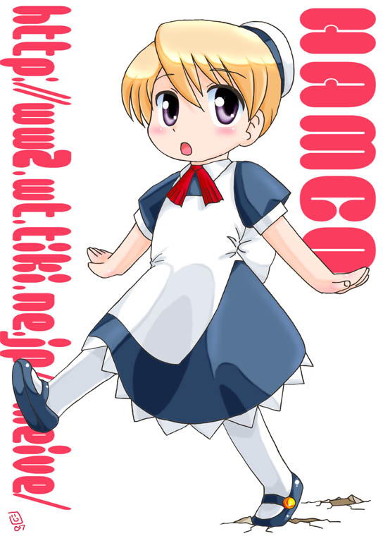 hamsta, flandre (kaibutsu oujo), kaibutsu oujo, 00s, 1girl, android, blonde hair, female focus, full body, maid, shoes, solo, walking, white background