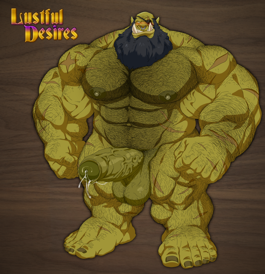 zoroj, lustful desires, 1boy, abs, beard, colored skin, completely nude, erection, eyepatch, facial hair, full body, girthy penis, green skin, hairy, male focus, mature male, muscular, muscular male, nude, orc, pectorals, penis, precum, solo, standing, thick beard, tusks