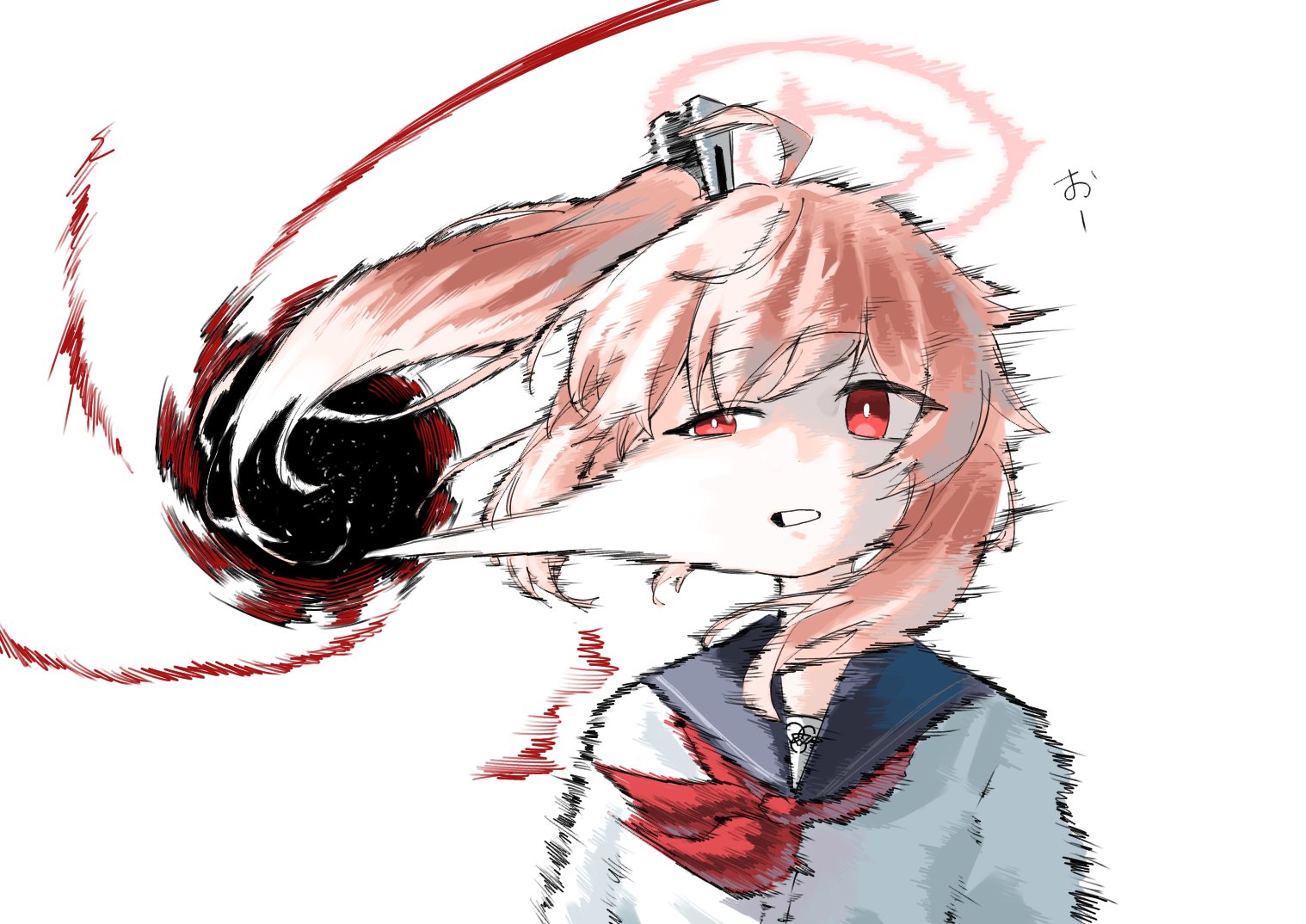 natsu (blue archive), blue archive, commentary request, 1girl, a (mitei7926), ahoge, black hole, black sailor collar, cheek pull, draw this in your style challenge, floating hair, half-closed eye, halo, long hair, looking to the side, motion lines, natsu getting swallowed by a black hole, neckerchief, pink hair, red eyes, red neckerchief, sailor collar, school uniform, shirt, side ponytail, simple background, solo, spaghettification, uneven eyes, upper body, white background, white shirt