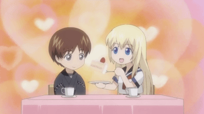 sakura misaki, takagami noboru, tenko kuugen, wagaya no oinari-sama, animated, animated gif, anime screenshot, lowres, 00s, 1boy, 2girls, cake, food, maid, multiple girls, school uniform, serafuku