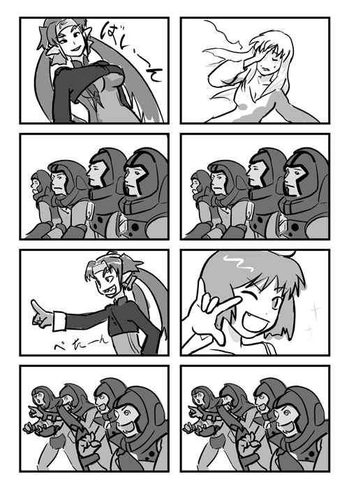 klan klein, meltrandi, ranka lee, sheryl nome, zentradi, macross, macross frontier, 3girls, 4boys, 4koma, alien, armor, breasts, child, comic, fang, flat chest, gaijin 4koma (meme), giant, greyscale, large breasts, m/, meme, military, military uniform, monochrome, multiple 4koma, multiple boys, multiple girls, parody, pointy ears, seikan hikou, silent comic, spacesuit