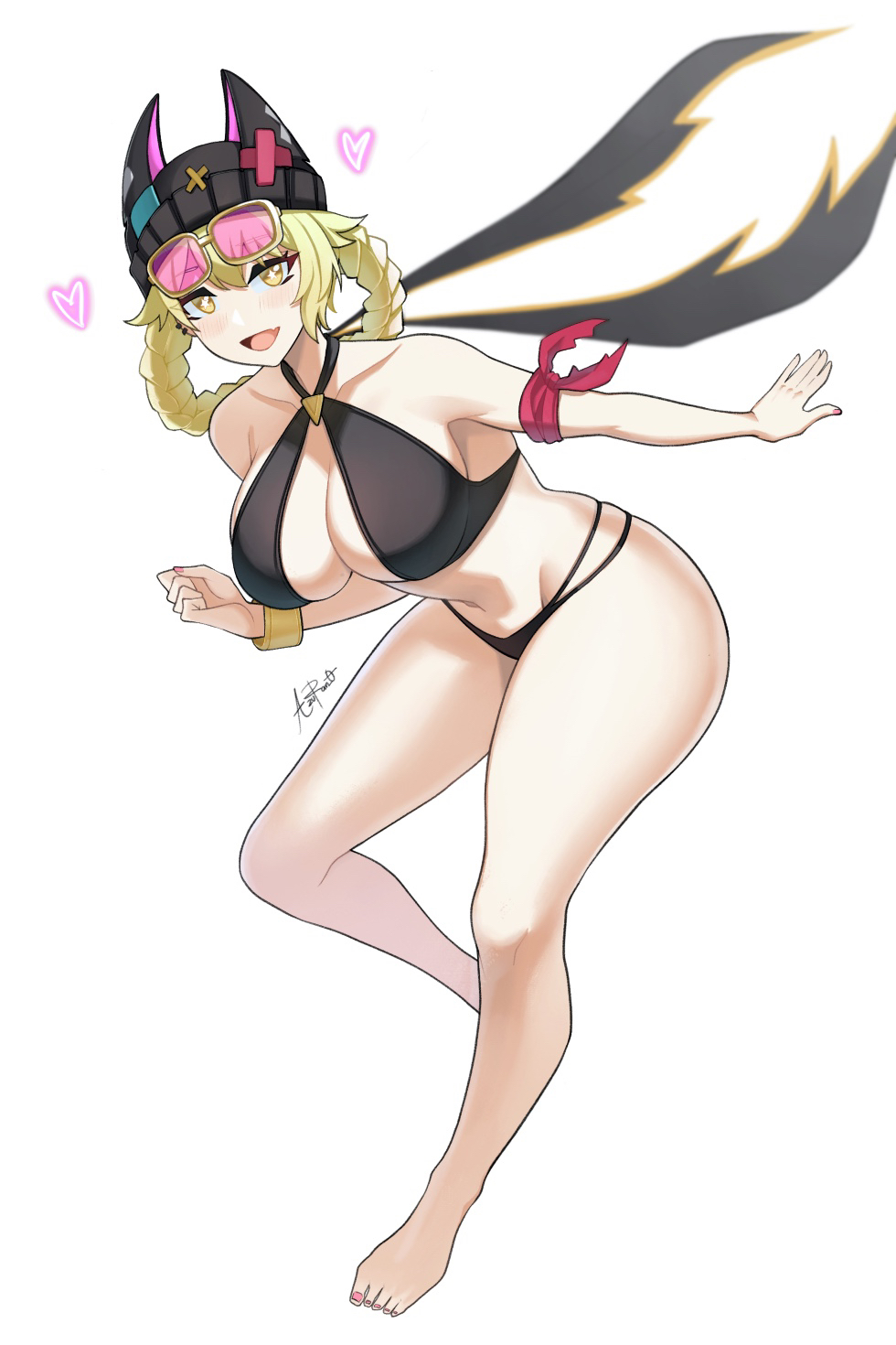 azuran0, jahoda (genshin impact), genshin impact, commentary, highres, 1girl, :d, alternate breast size (larger), bare shoulders, barefoot, bikini, black bikini, black hat, blonde hair, eyewear on head, full body, hat, heart, looking at viewer, navel, open mouth, smile, solo, stomach, sunglasses, swimsuit, thighs, wristband, yellow eyes