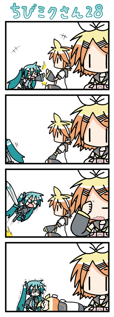 minami (colorful palette), chibi miku, hatsune miku, kagamine len, kagamine rin, vocaloid, long image, tall image, > <, +++, 0 0, 1boy, 2girls, 4koma, aqua hair, bandaid, brother and sister, chibi, closed eyes, comic, handheld game console, head bump, injury, multiple girls, playstation portable, siblings, silent comic, sword, trembling, twins, weapon, | |