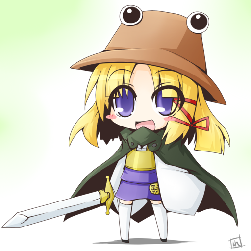 reku, rex (artist), frog (chrono trigger), moriya suwako, chrono (series), chrono trigger, touhou, bad id, bad pixiv id, 1girl, blonde hair, cape, chibi, cosplay, female focus, hat, ribbon, short hair, solo, sword, thighhighs, weapon