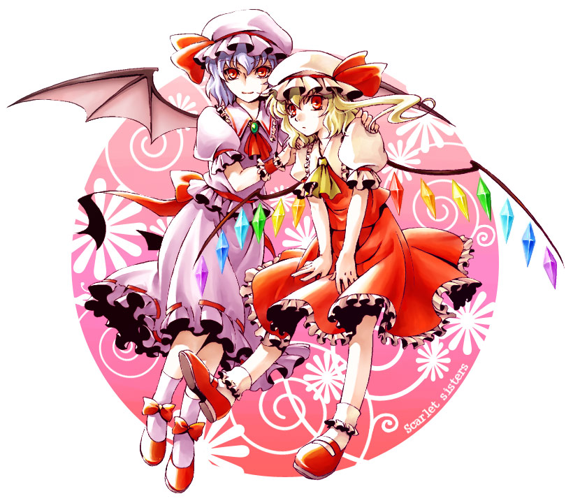 mikage (mikazuki no koufuku), mikage (pixiv), flandre scarlet, remilia scarlet, touhou, 2girls, blonde hair, blue hair, female focus, hat, mob cap, multiple girls, ponytail, red eyes, ribbon, short hair, siblings, sisters, wings