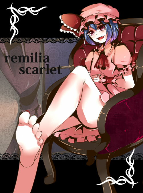 soidesu (pixiv), soudesu (pixiv), remilia scarlet, touhou, bad id, bad pixiv id, 1girl, barefoot, blue hair, feet, female focus, hat, long toenails, nail polish, ribbon, short hair, solo, toenail polish, toenails, toes