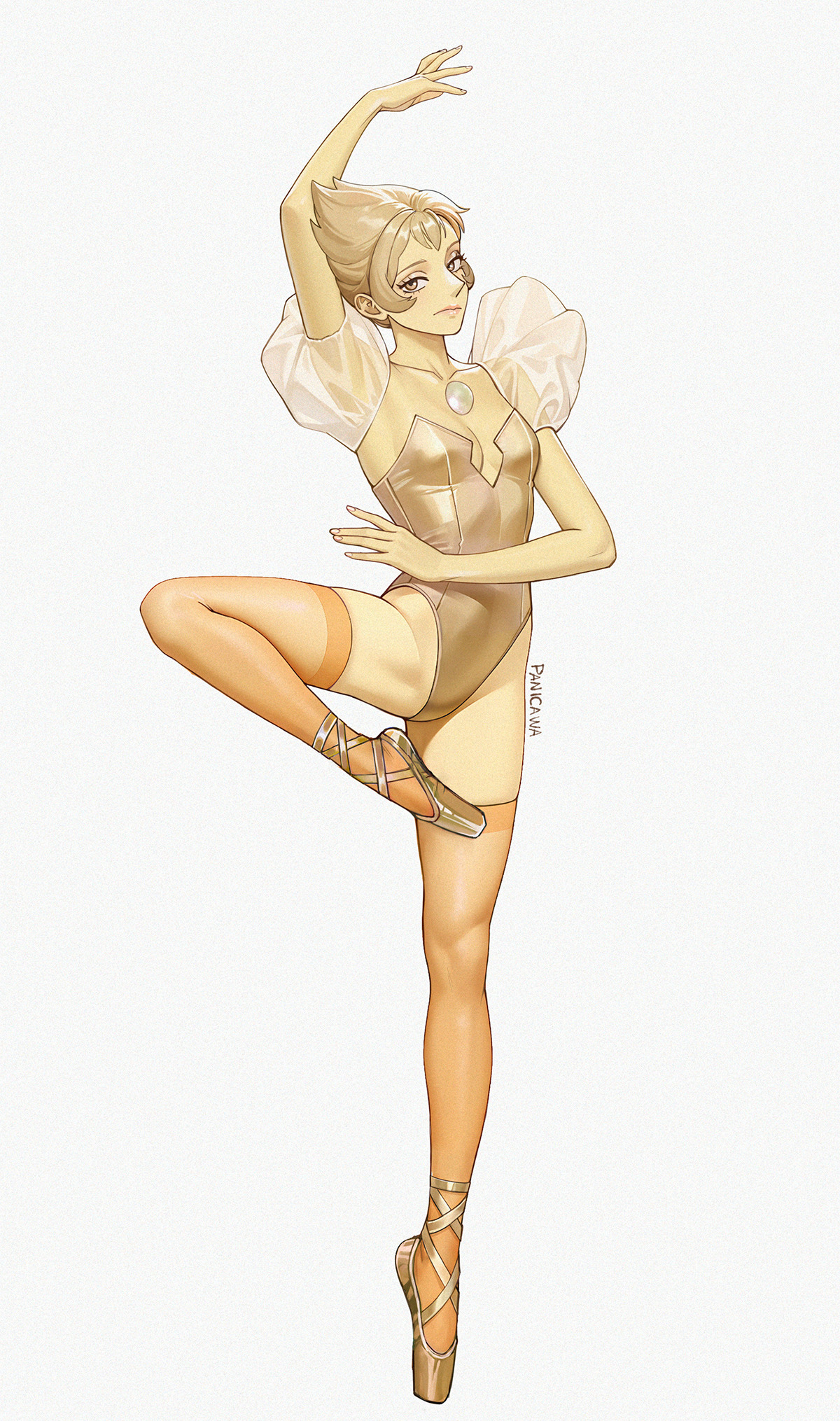 adelheid (moschiola), yellow pearl (steven universe), steven universe, highres, ballerina, ballet, ballet slippers, blonde hair, colored skin, en pointe, gem, gem (steven universe), homeworld gem uniform, leotard, one eye closed, pearl (species) (steven universe), retire (ballet), short hair, thighhighs, yellow leotard, yellow skin