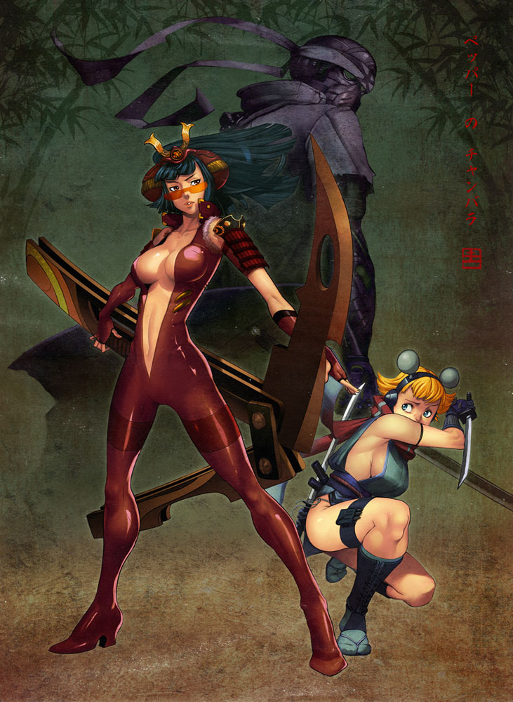 qiqo, 2girls, balisong, bamboo, bamboo forest, black hair, blonde hair, bodysuit, breasts, center opening, cleavage, forest, hair ornament, headband, katana, kneeling, knife, latex, leather, multiple girls, nature, ninja, reverse grip, scarf, scythe, short hair, sideboob, sunglasses, sword, tabi, thigh strap, weapon