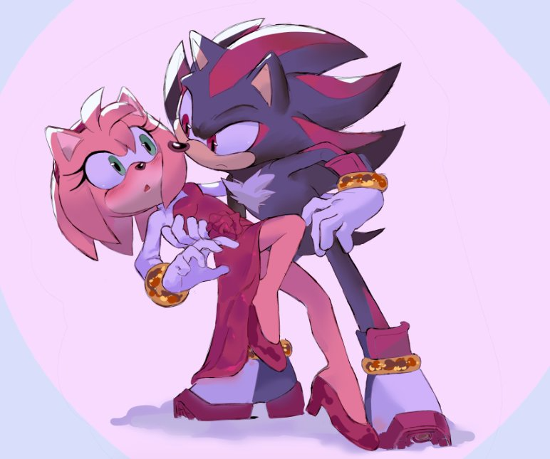 amy rose, shadow the hedgehog, sega, sonic (series), bare legs, black fur, black hair, blush, bracelet, dress, gloves, high heels, jewelry, legs, medium hair, pink fur, pink hair, shira hedgie, shoes