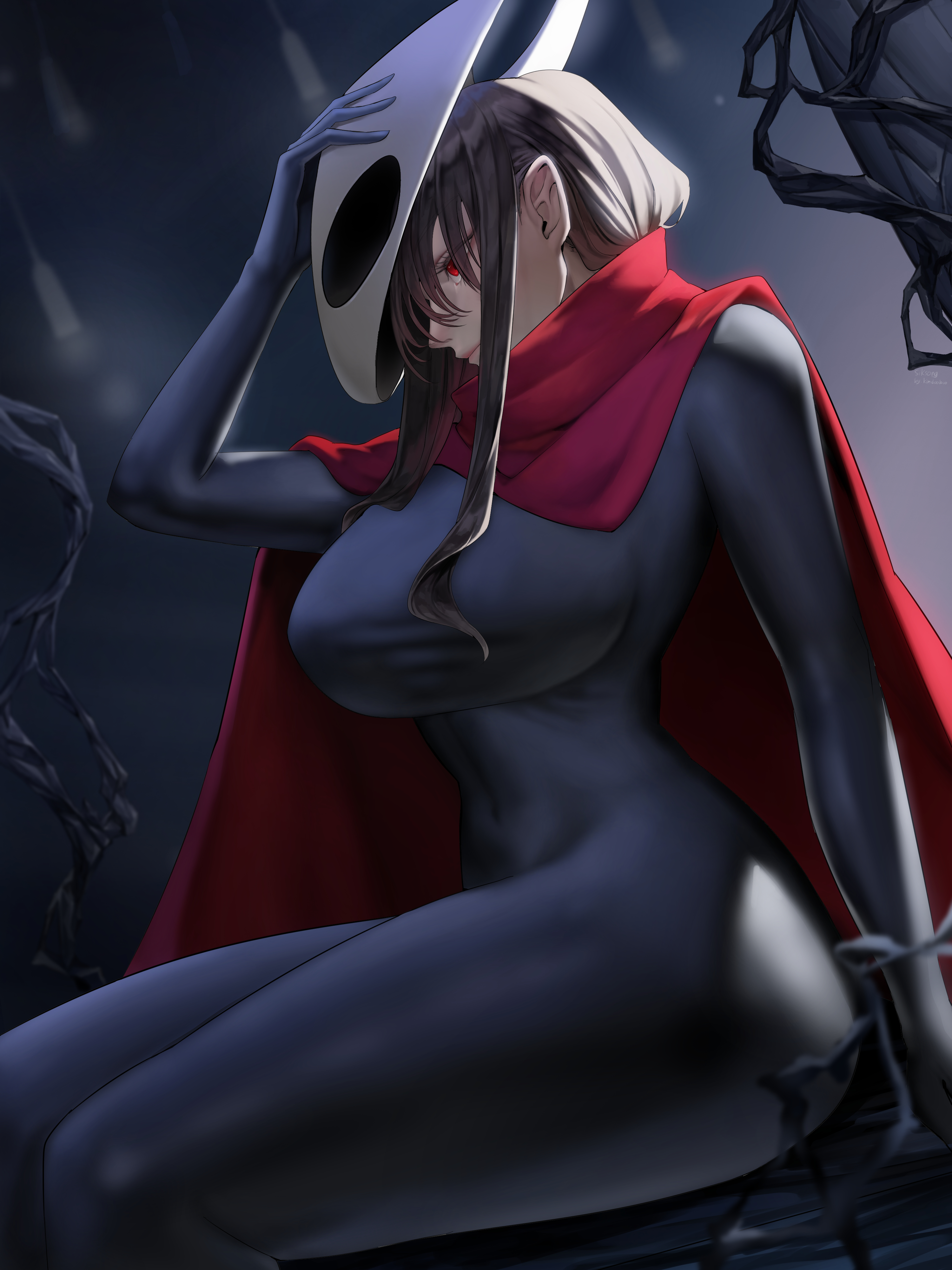 kimdooboo, hornet (hollow knight), hollow knight, hollow knight: silksong, absurdres, commentary request, highres, 1girl, adjusting mask, black bodysuit, bodysuit, breasts, brown hair, cloak, covered navel, hair over eyes, horned mask, humanization, large breasts, lips, long hair, mask, red cloak, red eyes, sidelocks, sitting, skin tight, solo, taut clothes, white mask