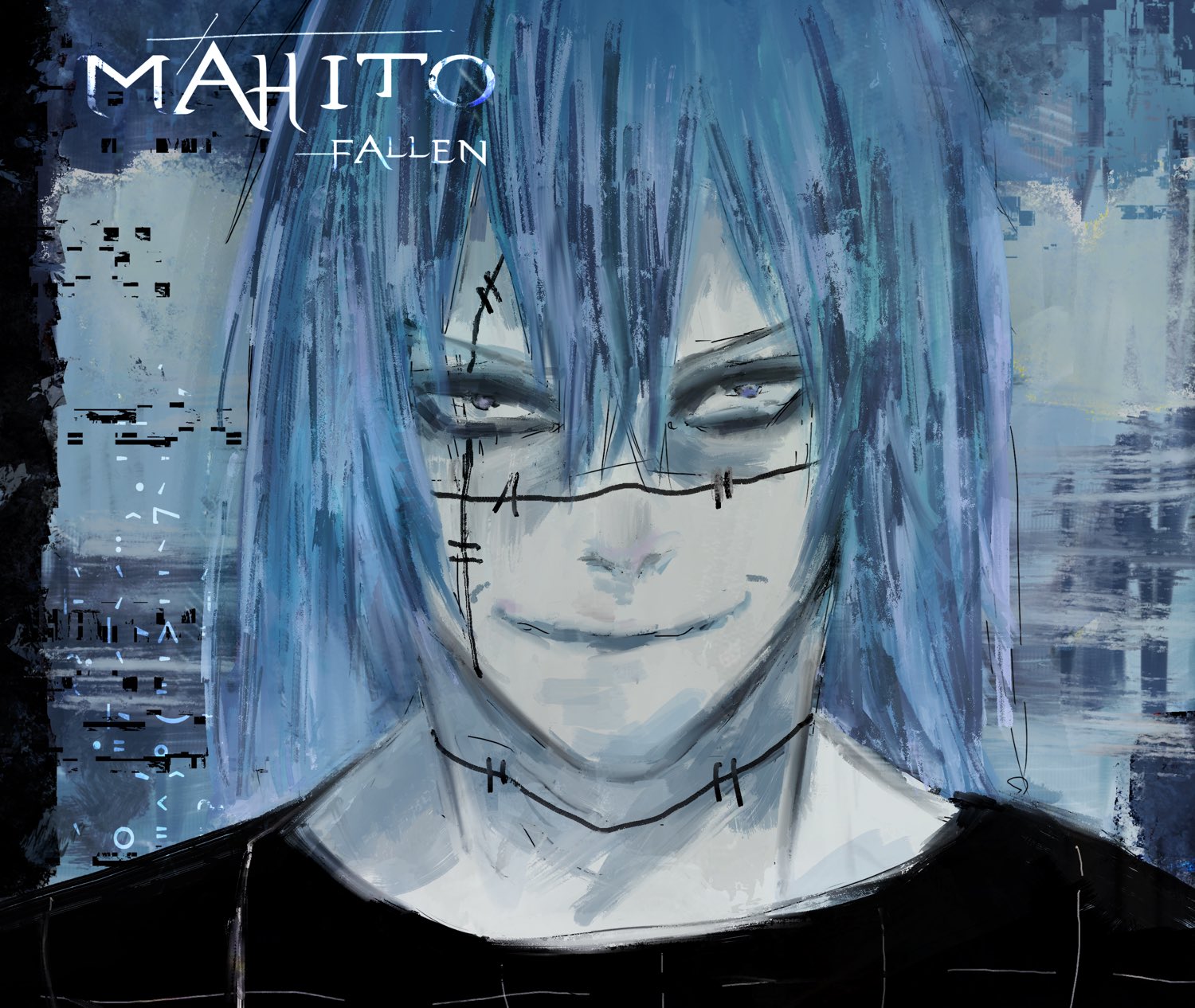 evanescence, fallen (evanescence), jujutsu kaisen, derivative work, highres, 1boy, album cover redraw, anglicred, blue hair, character name, eyeliner, long hair, makeup, male focus, pale skin, smile, stitched face, stitched neck, stitches