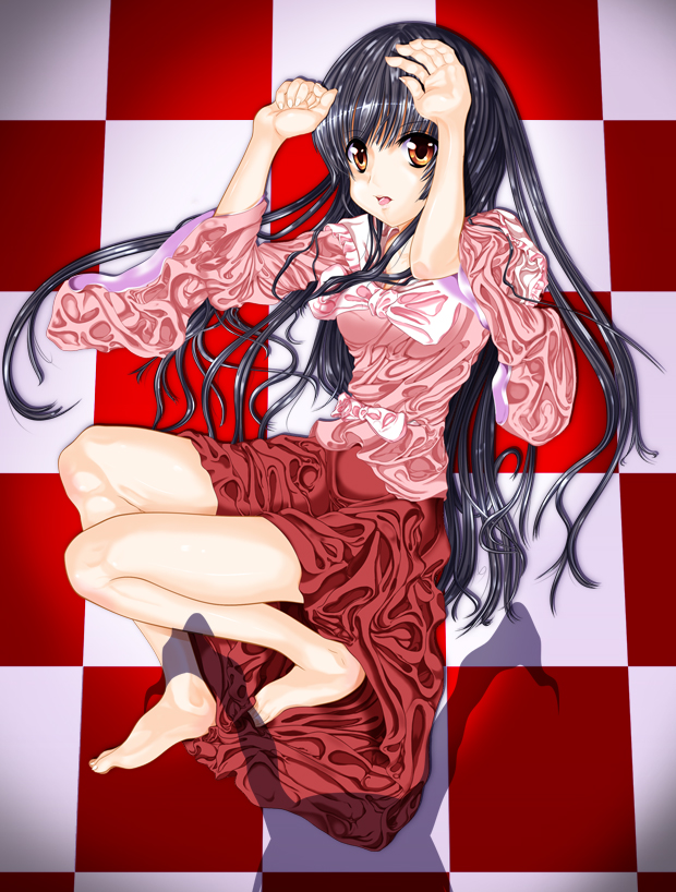 sakurai yuki (pixiv), houraisan kaguya, touhou, bad id, bad pixiv id, 1girl, black hair, female focus, full body, long hair, lying, ribbon, solo