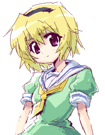 kuropan (crow panther), kurou (artist), houjou satoko, higurashi no naku koro ni, lowres, 00s, 1girl, blonde hair, female focus, purple eyes, short hair, simple background, solo, white background