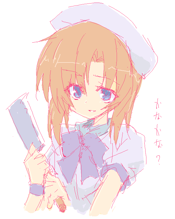 kuropan (crow panther), kurou (artist), ryuuguu rena, higurashi no naku koro ni, 00s, 1girl, billhook, blue eyes, female focus, hashitsuki nata, hatchet, nata (tool), orange hair, red hair, short hair, simple background, solo, weapon, white background