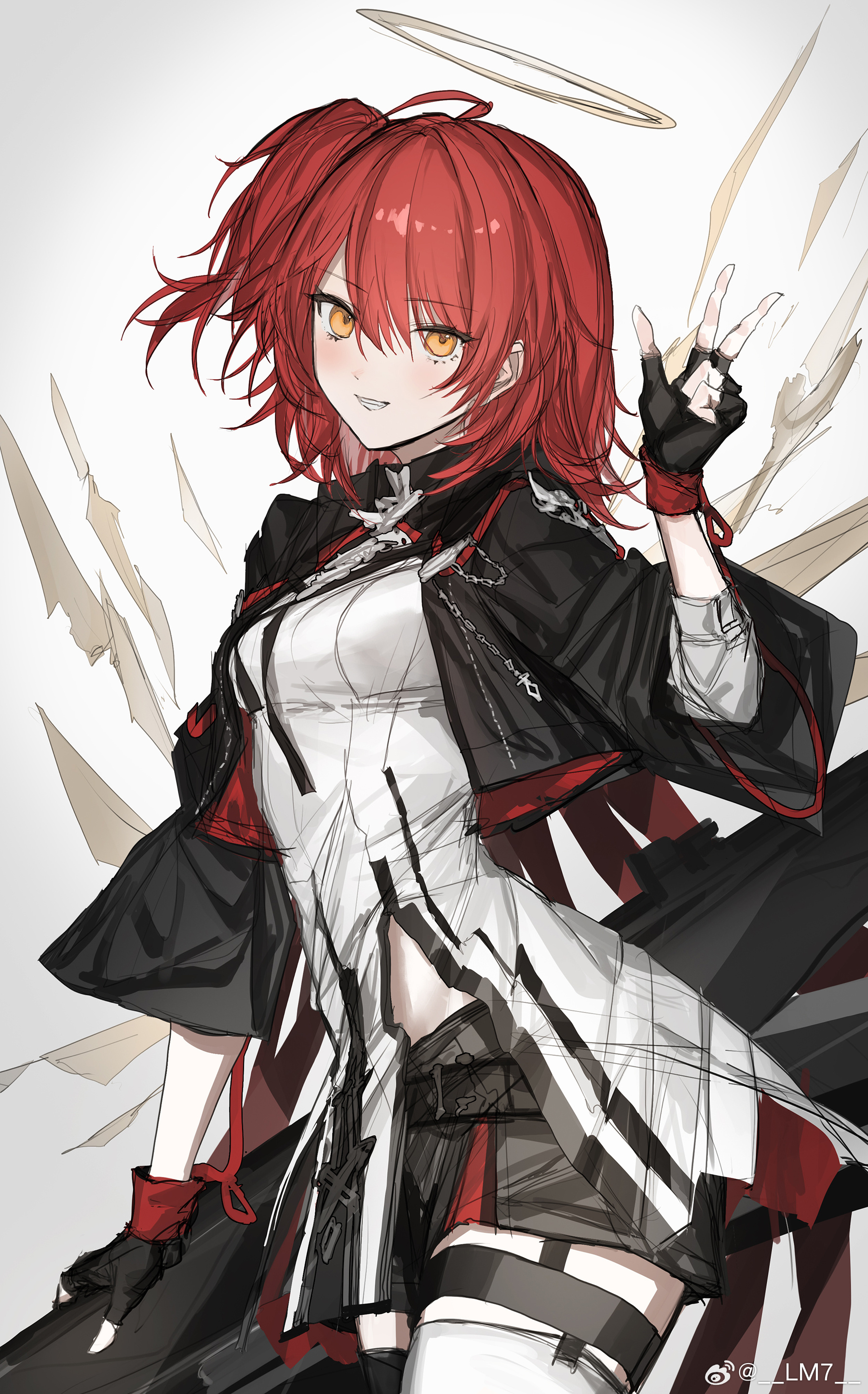 lm7 (op-center), exusiai (arknights), exusiai the new covenant (arknights), arknights, absurdres, chinese commentary, commentary, highres, 1girl, ahoge, arm at side, artist name, black gloves, black jacket, black shorts, blush, breasts, cowboy shot, cropped jacket, energy wings, fingerless gloves, garter straps, gloves, grey background, grin, halo, hand up, jacket, layered sleeves, long sleeves, looking at viewer, medium breasts, one side up, open clothes, open jacket, orange eyes, red hair, shirt, short hair, short over long sleeves, short shorts, short sleeves, shorts, side slit, simple background, smile, solo, thigh strap, thighhighs, traditional halo, w, watermark, weibo watermark, white shirt, white thighhighs