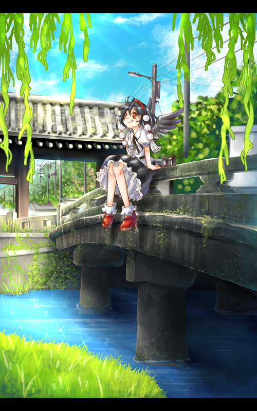 maya0618, maya (natural heart), shameimaru aya, touhou, 1girl, black hair, black wings, bridge, camera, female focus, geta, letterboxed, looking up, short hair, smile, solo, tengu-geta, tree, water, wings