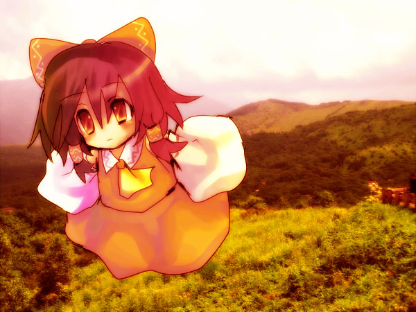 culotte (hosenrock), watari tanikiri, hakurei reimu, imperishable night, touhou, bad id, bad pixiv id, 1girl, female focus, flying, japanese clothes, miko, ribbon, solo