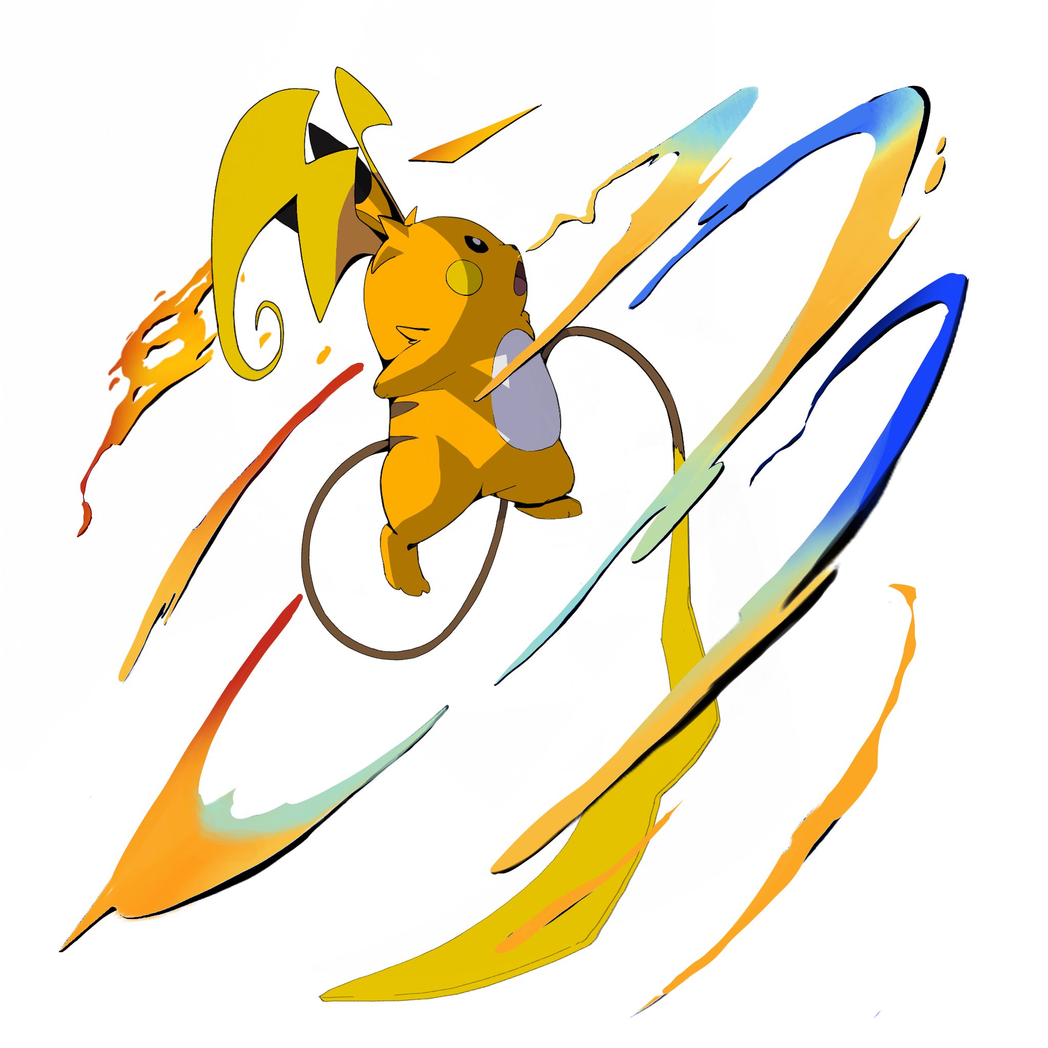 psaber97, mega raichu y, raichu, nintendo, pokemon, pokemon legends: z-a, highres, full body, gen 1 pokemon, mega evolution symbol, mega pokemon, no humans, open mouth, pokemon (creature), pokemon focus, simple background, tail, very long ears, white background, yellow fur