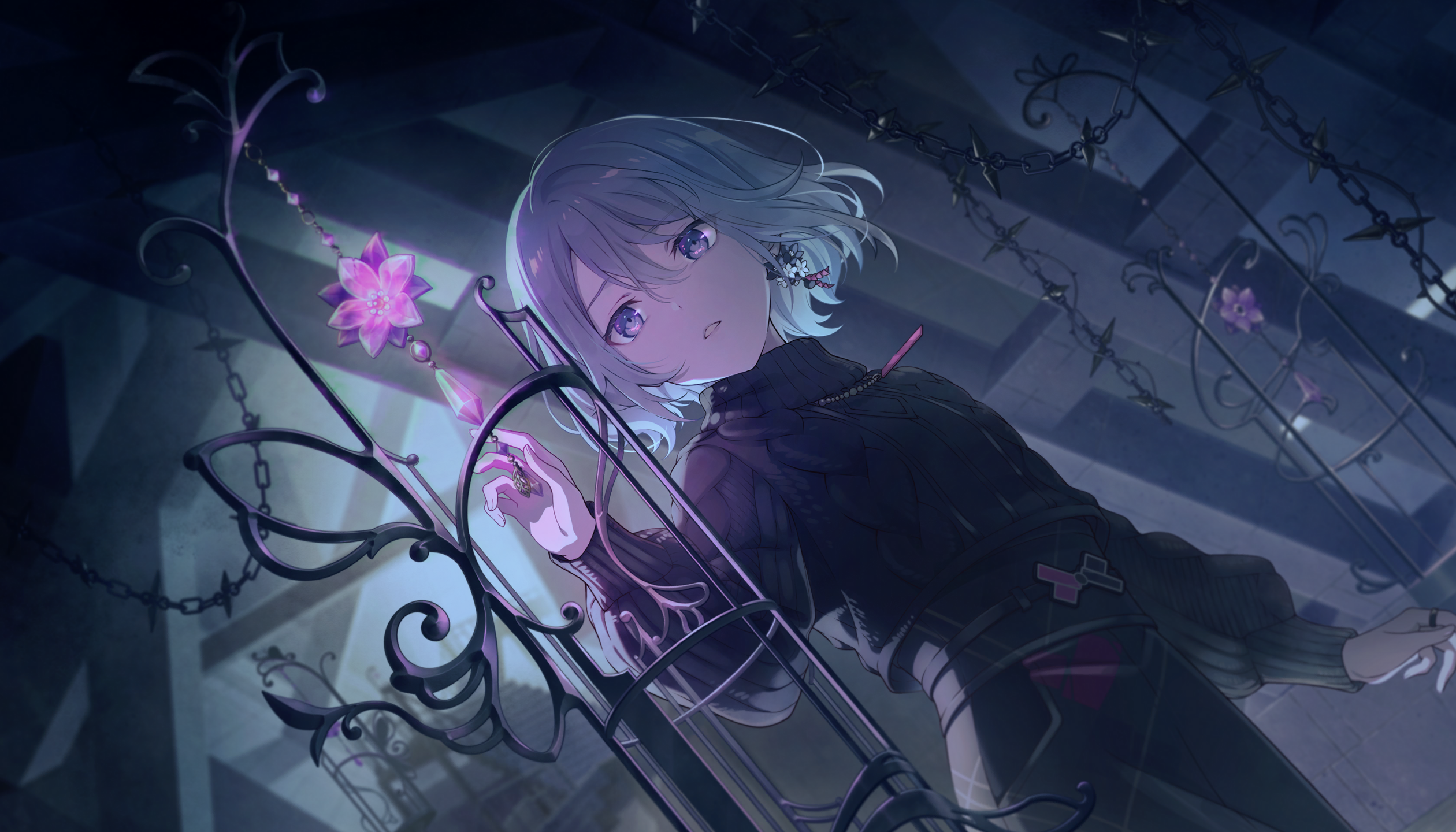 colorful palette, yoisaki kanade, project sekai, game cg, highres, official art, tagme, third-party source, 1girl, :o, black sweater, dark, earrings, flower, frilled sleeves, frills, jewelry, looking at viewer, medium hair, necklace, papilio vinculatus (project sekai), purple flower, solo, sweater, white hair