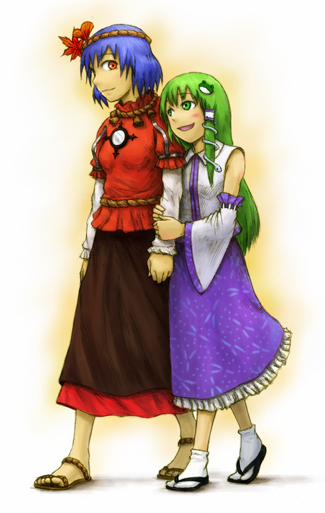 kurione (pixiv), kurione (zassou), kochiya sanae, yasaka kanako, touhou, bad id, bad pixiv id, 2girls, female focus, green hair, hair ornament, japanese clothes, leaf, leaf hair ornament, long hair, miko, multiple girls, purple hair, rope, short hair